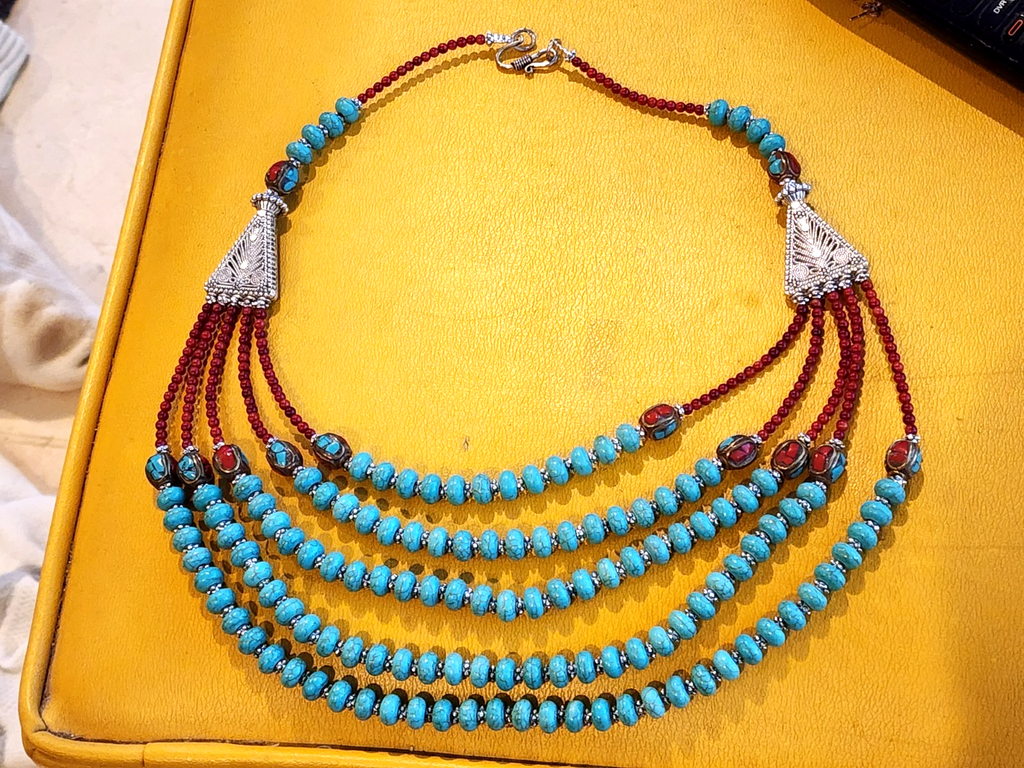 Multi Strand Tuquoise And Silver Native American Southwestern Necklace