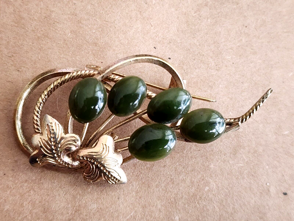 Vtg 1966 Designer Swoboda Brooch Pin Jade Grade A Green Flower Gold Pl