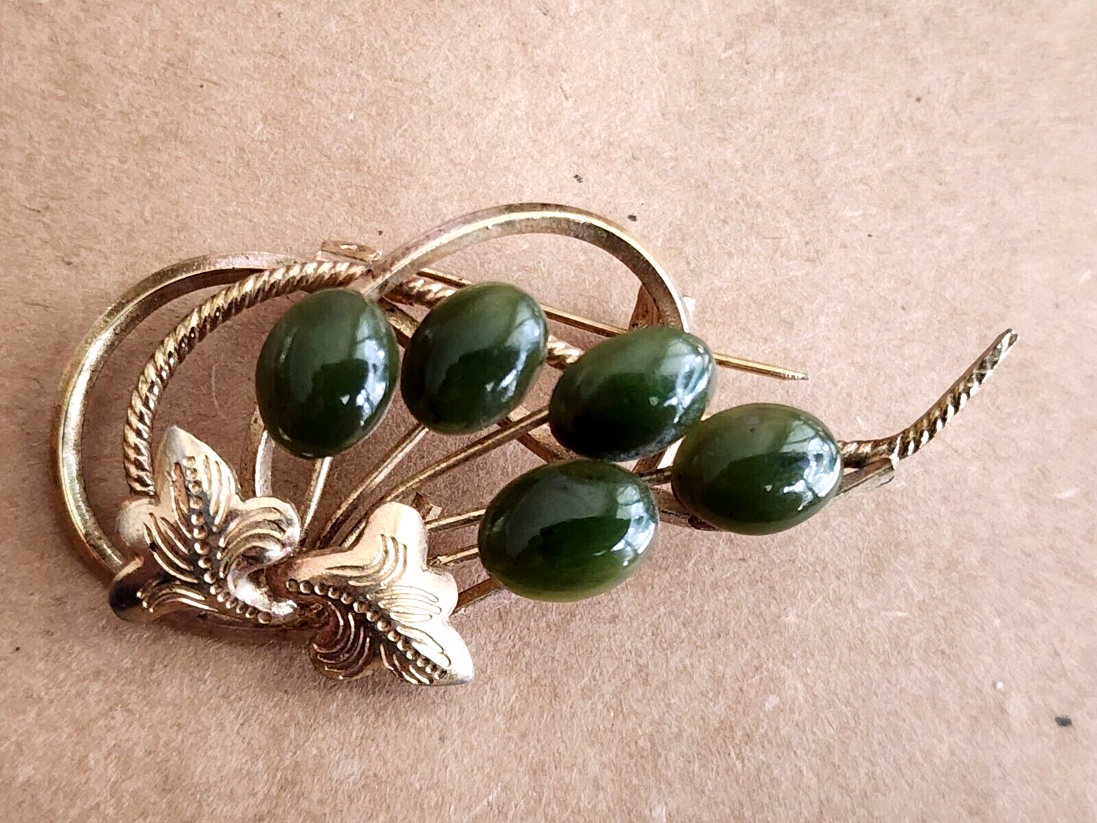 Vtg 1966 Designer Swoboda Brooch Pin Jade Grade A Green Flower Gold Pl