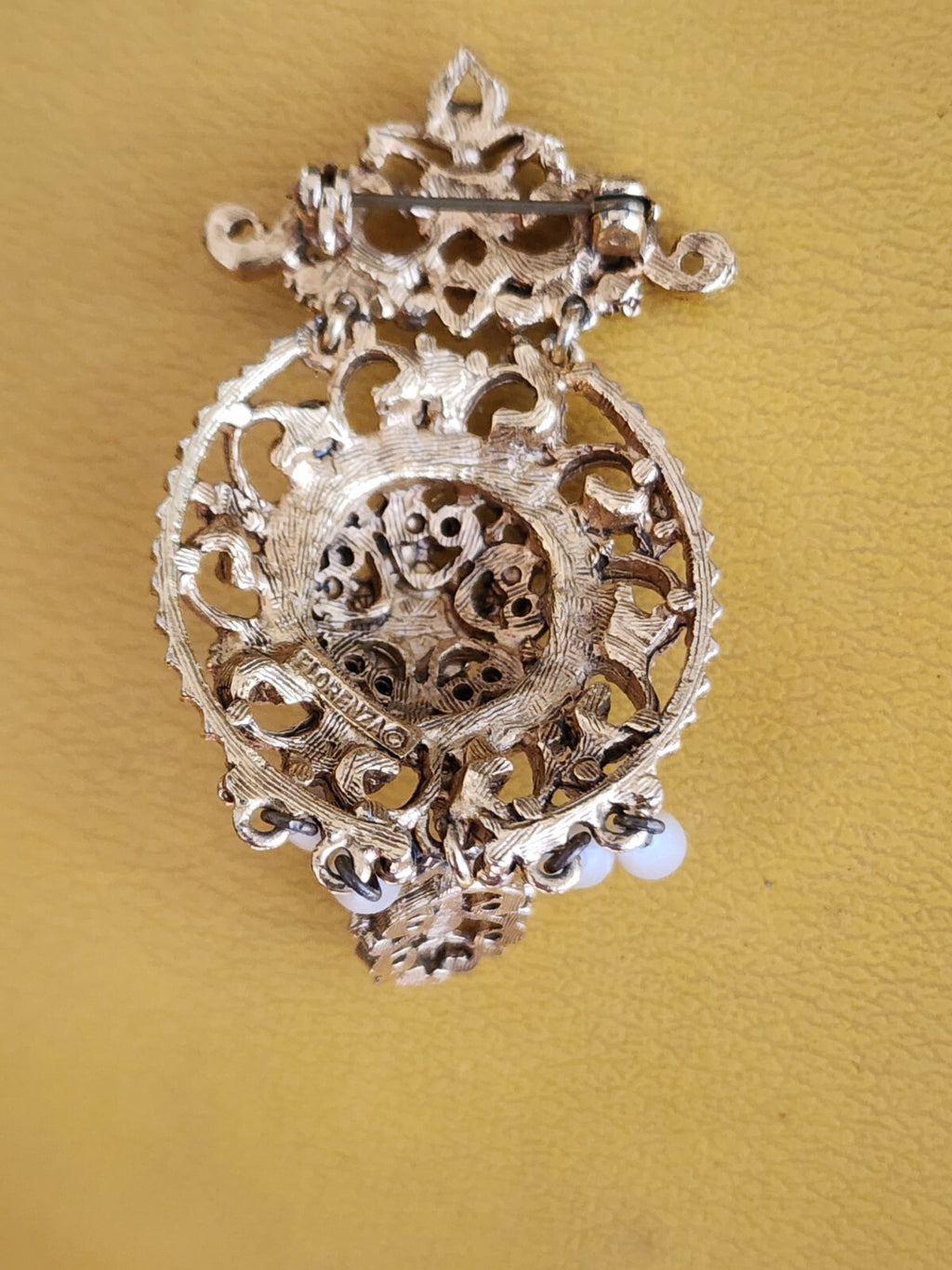 Florenza Victorian Style Ornate Faux Pearl  Rhinestone Brooch Revival Pin Mother