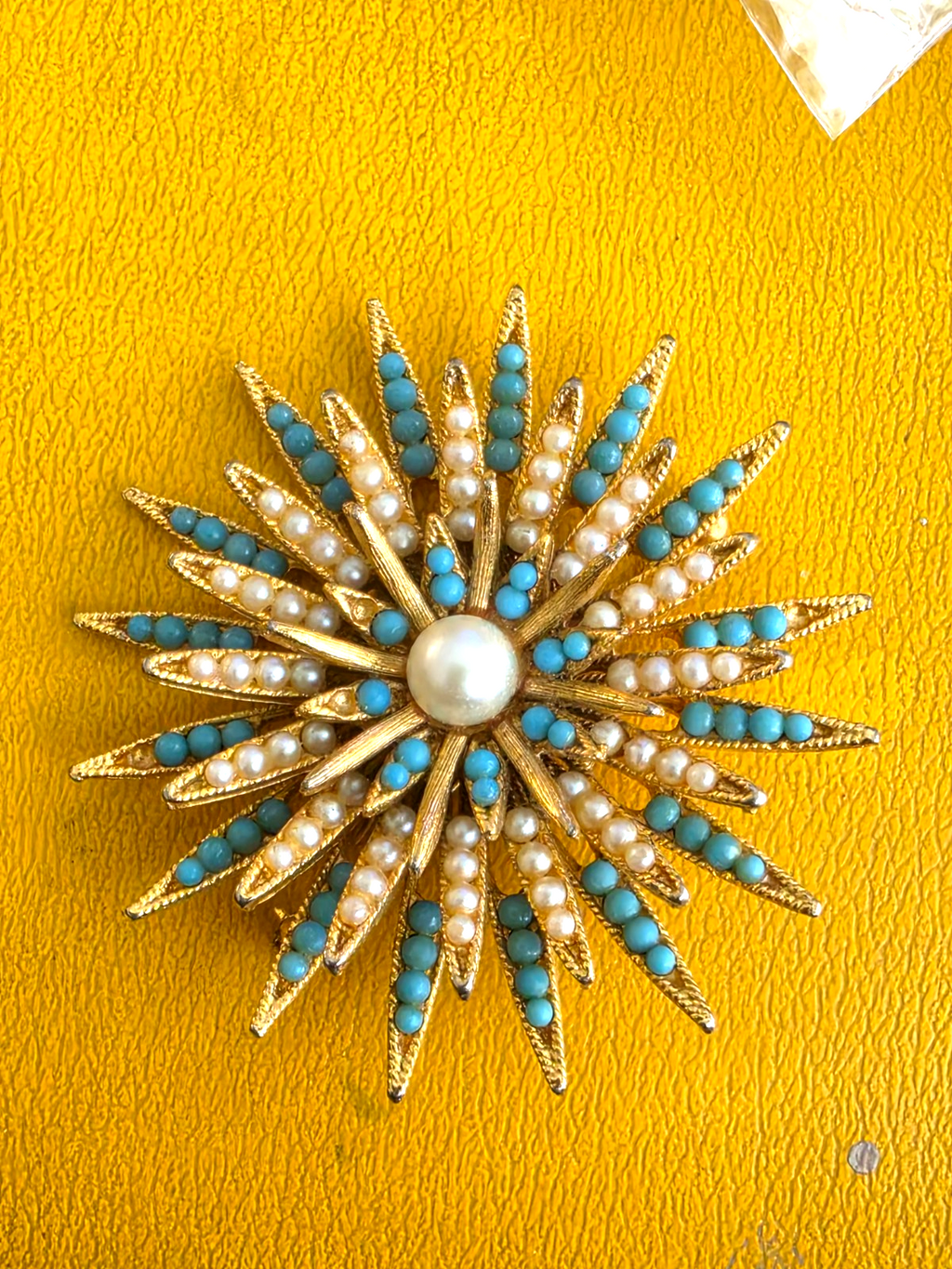 Vintage BSK Costume Jewelry Star Gold Tone Faux Turquoise Pearls Brooch Pin