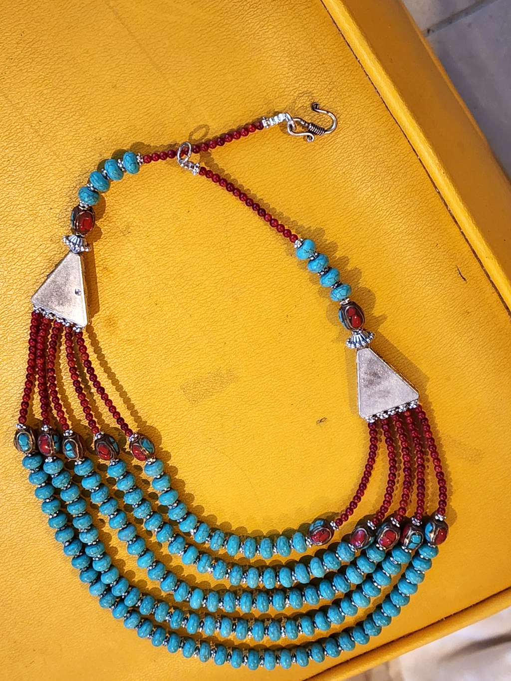 Multi Strand Tuquoise And Silver Native American Southwestern Necklace