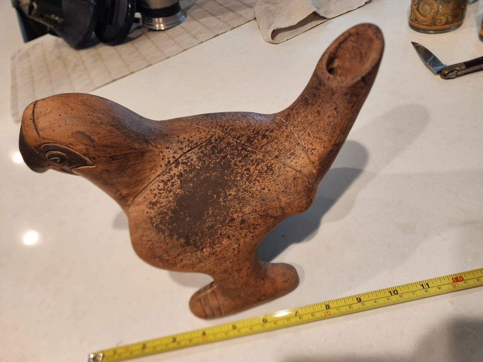 Vintage Terra Cotta Bird Art Pottery Vessel Vase Primitive Signed Mexico 1974