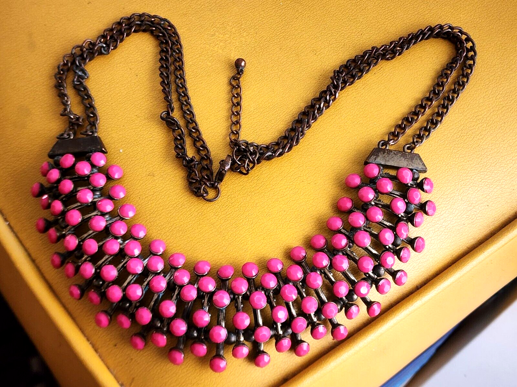 Vintage Midcentury Pink Ball Copper Choker Necklace