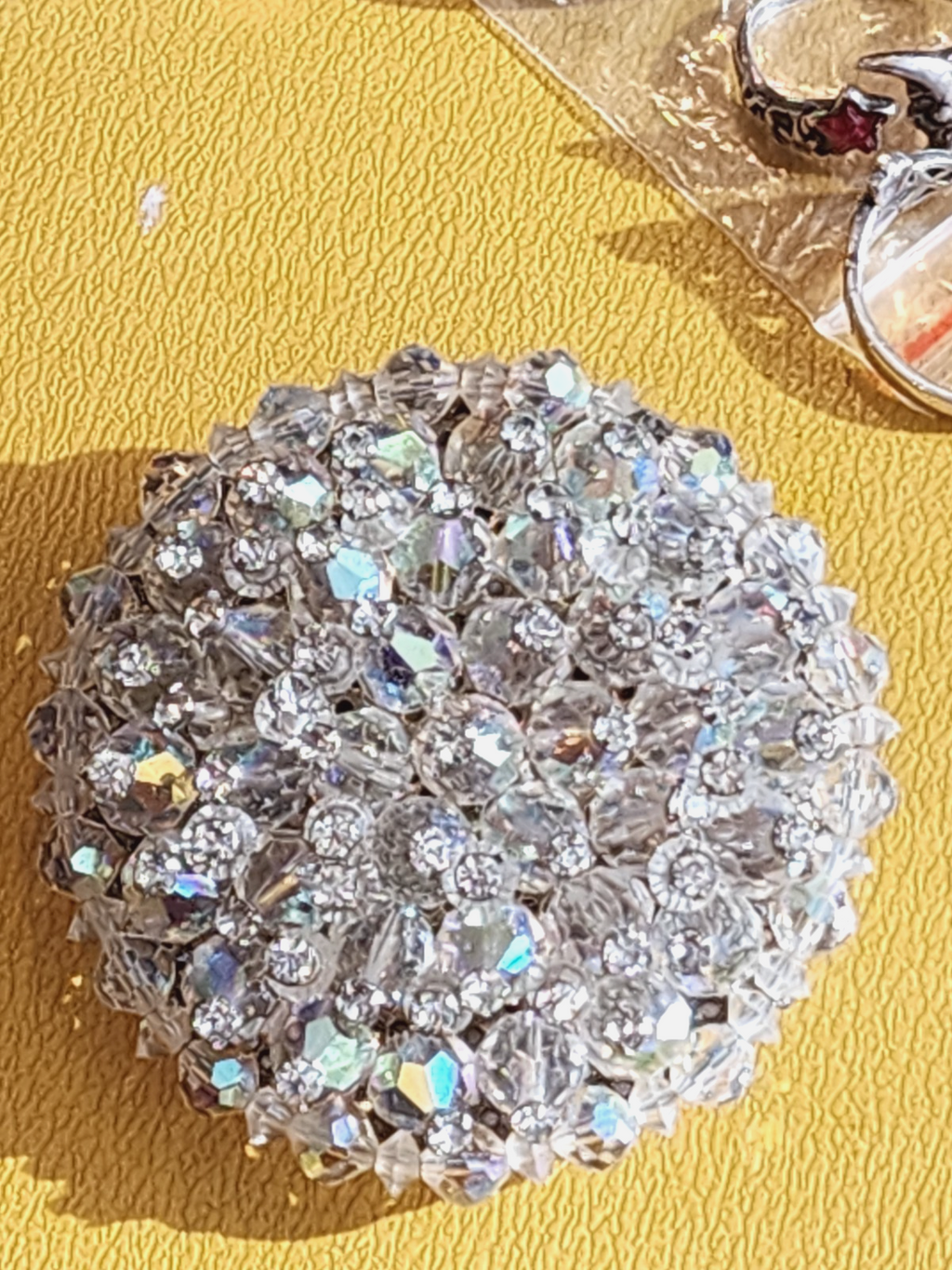 Vintage Large Round Clear Aurora Borealis Rhinestones Silver Tone Pin Brooch