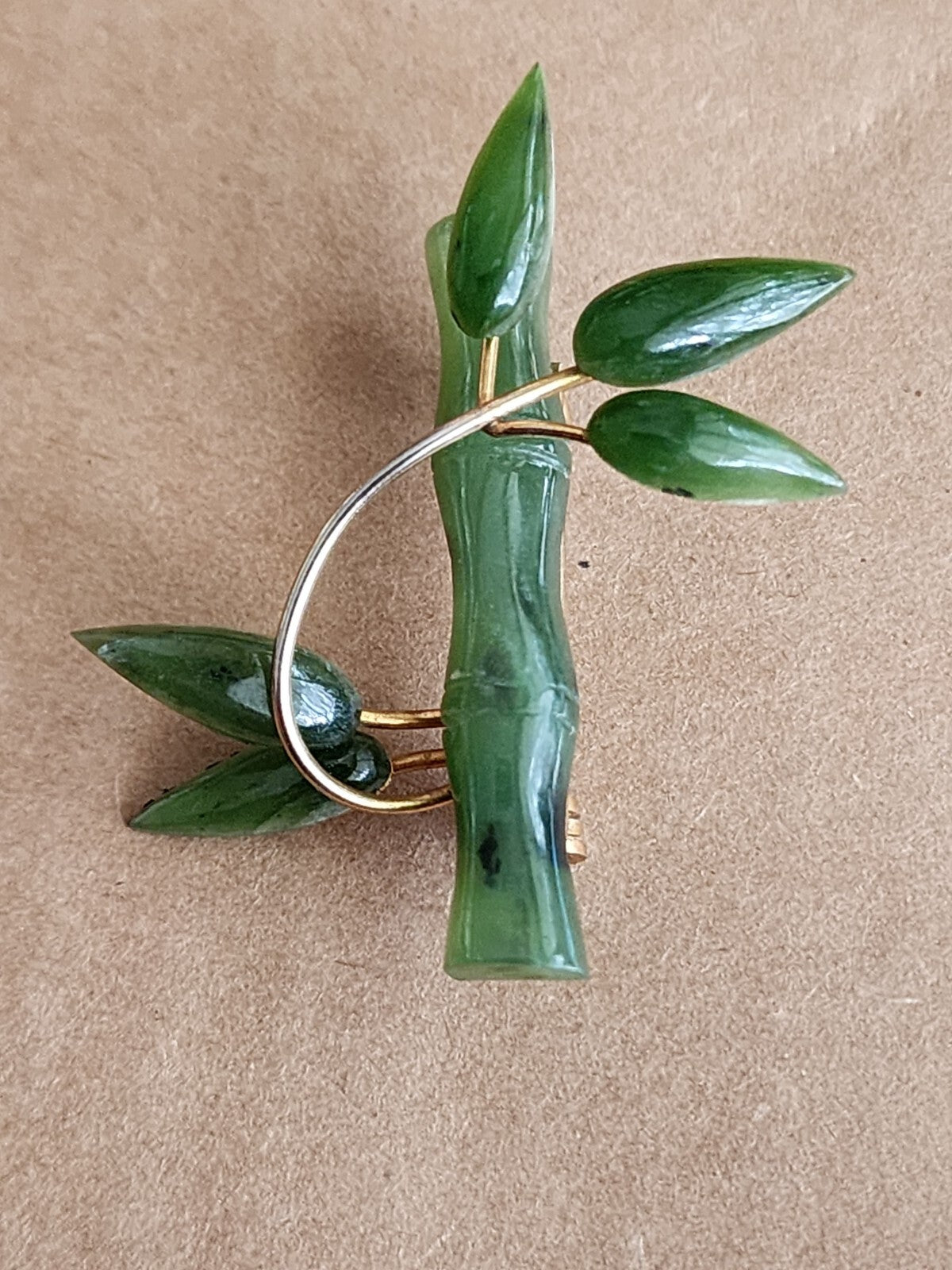 Vintage Costume Green Aventurine Pin Brooch bamboo design