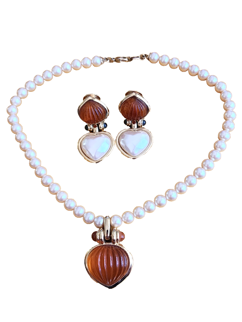 Ultima Edizione Vintage Pearl And Faux Carnelian Necklace & Earring Set