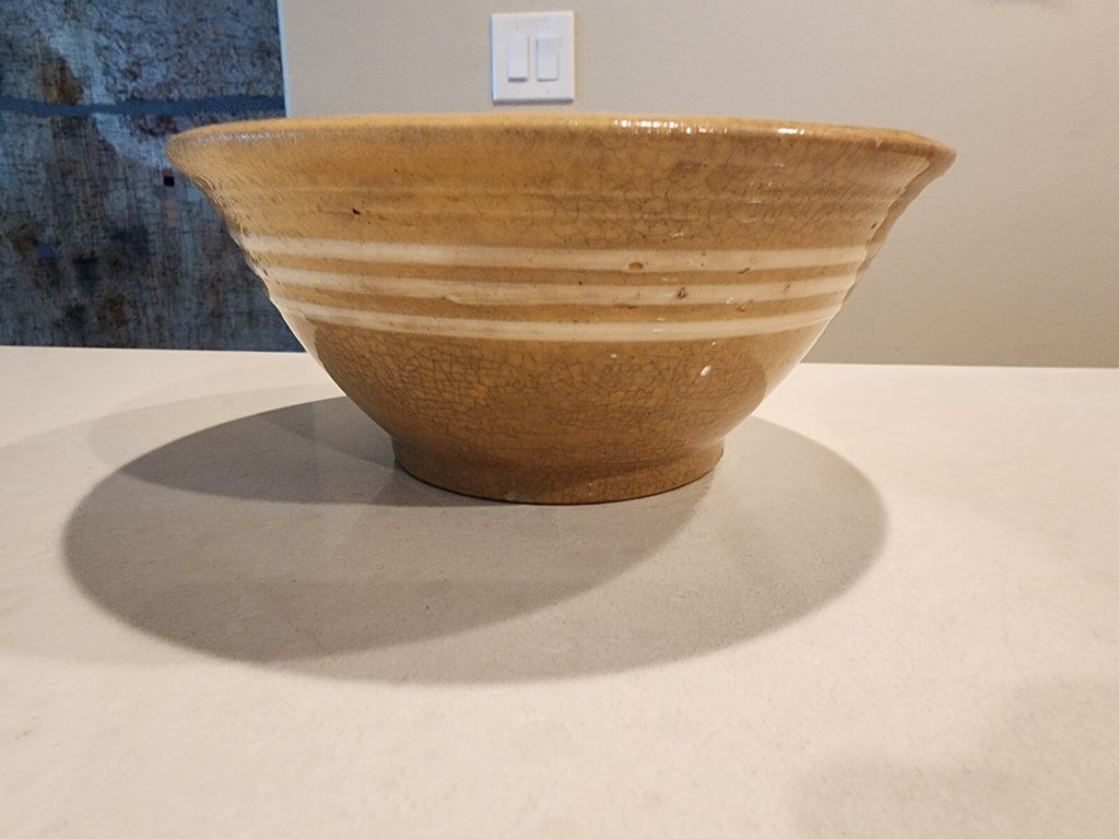 Small 7 1/4" Yellow Ware Mixing Bowl - Stoneware - 4 White Slip Bands
