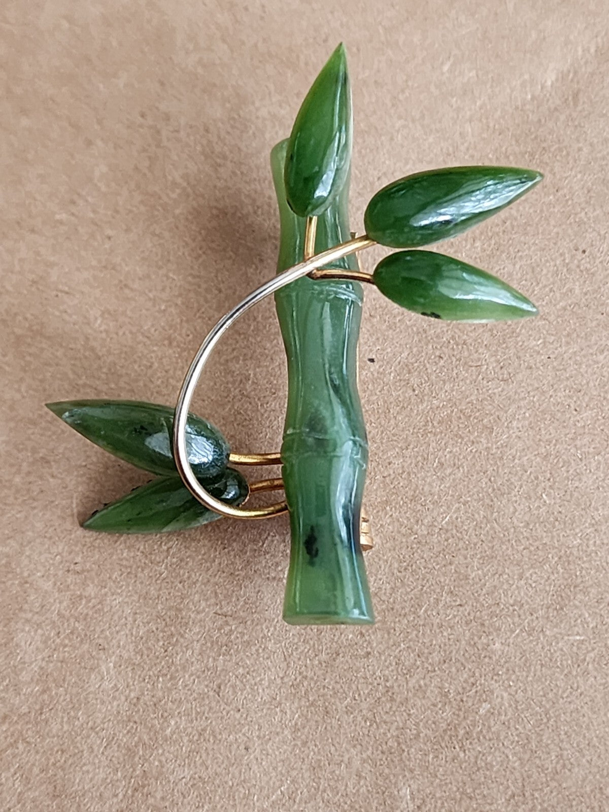 Vintage Costume Green Aventurine Pin Brooch bamboo design