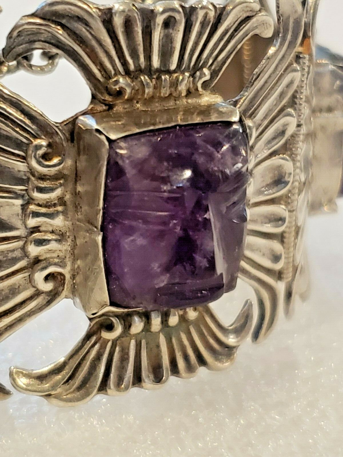 Beautiful 1940s Mexico Sterling and Amythyst in Faces Bracelet