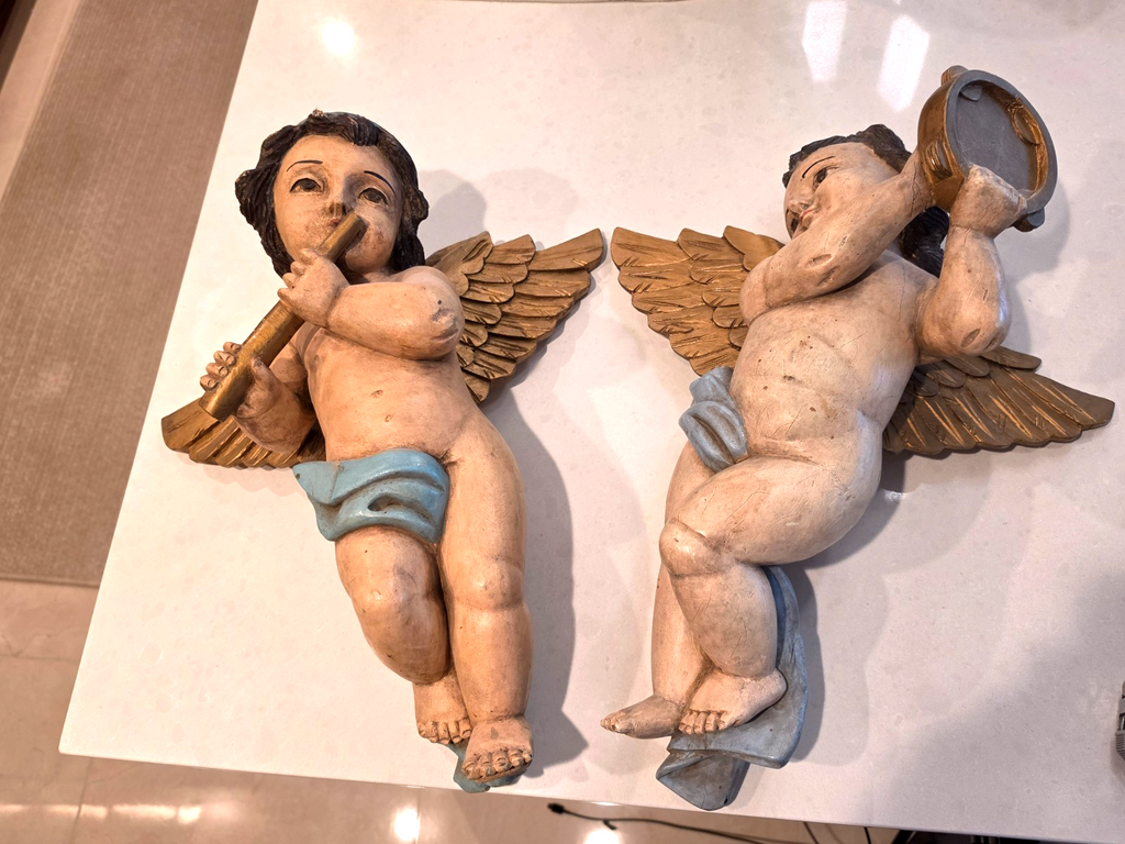 Antique Pair Wood Italian Cherub Putti Sculptures Playing Musical Instruments