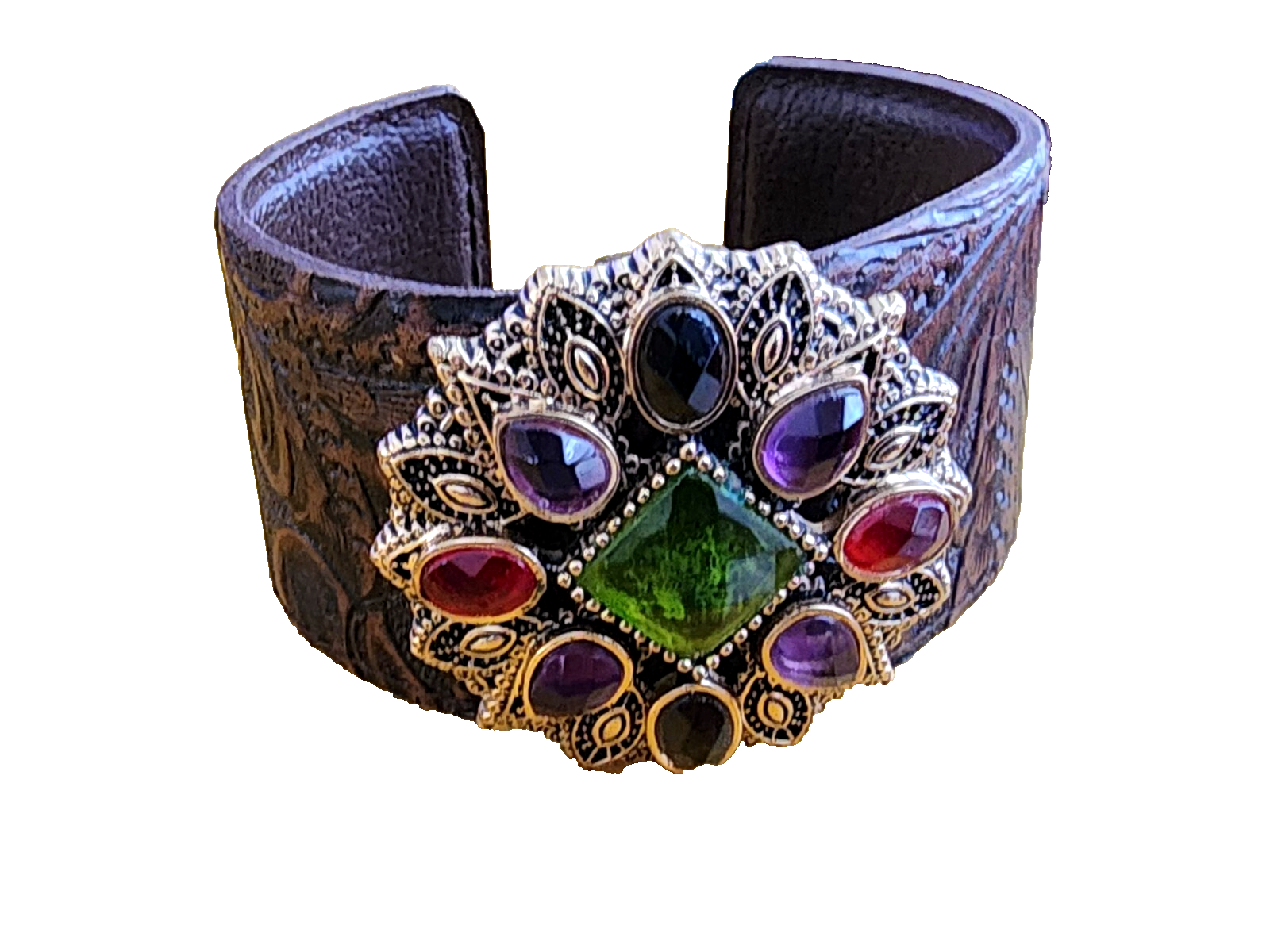 Gorgeous New Barse Cuff Bracelet, Genuine Stones & Genuine Leather