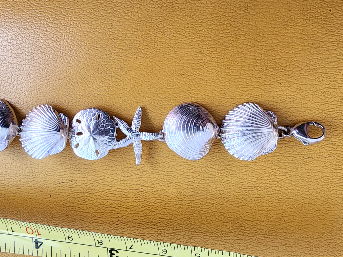 Vtg Sterling Silver Nautical Starfish Seashell Sand Dollar Bracelet