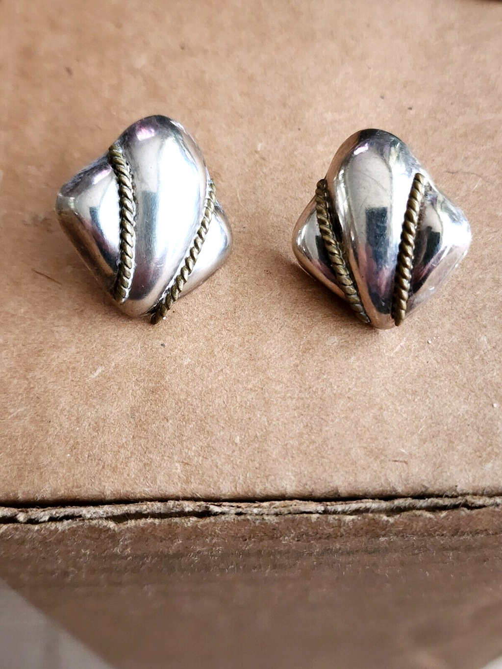 Vintage Large sSterling Silver & Brass Earrings Mexican, Mexico, Taxco