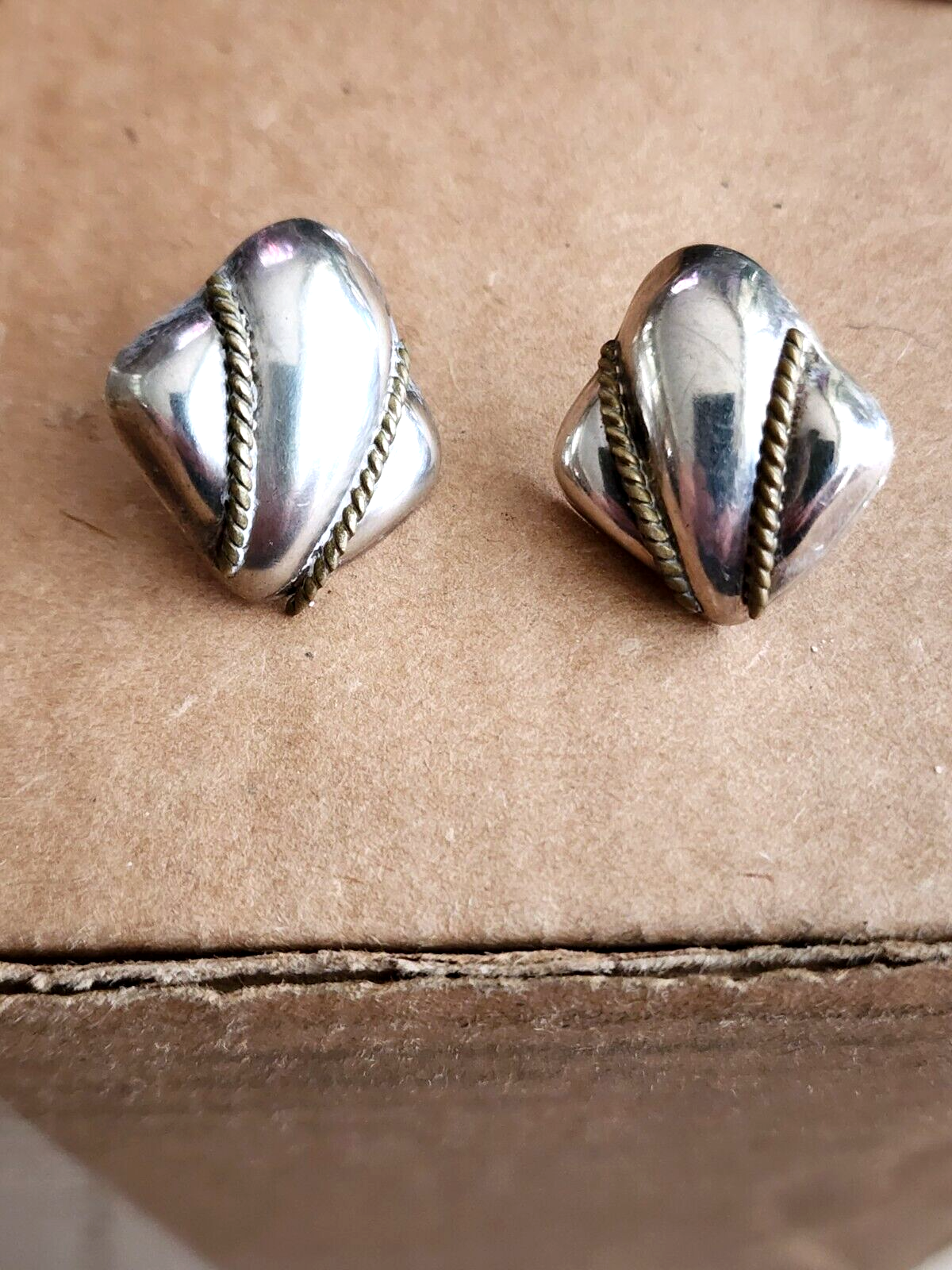 Vintage Large sSterling Silver & Brass Earrings Mexican, Mexico, Taxco