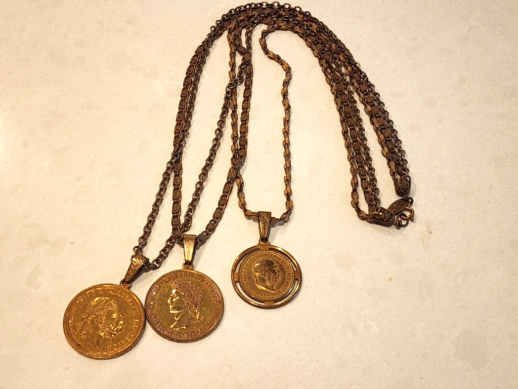 MIRIAM HASKELL European Double Sided Triple Coin Gold Tone Necklace SIGNED