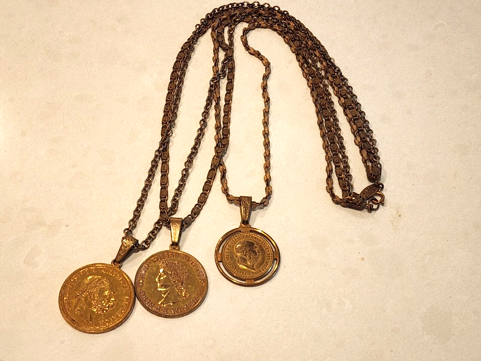 MIRIAM HASKELL European Double Sided Triple Coin Gold Tone Necklace SIGNED