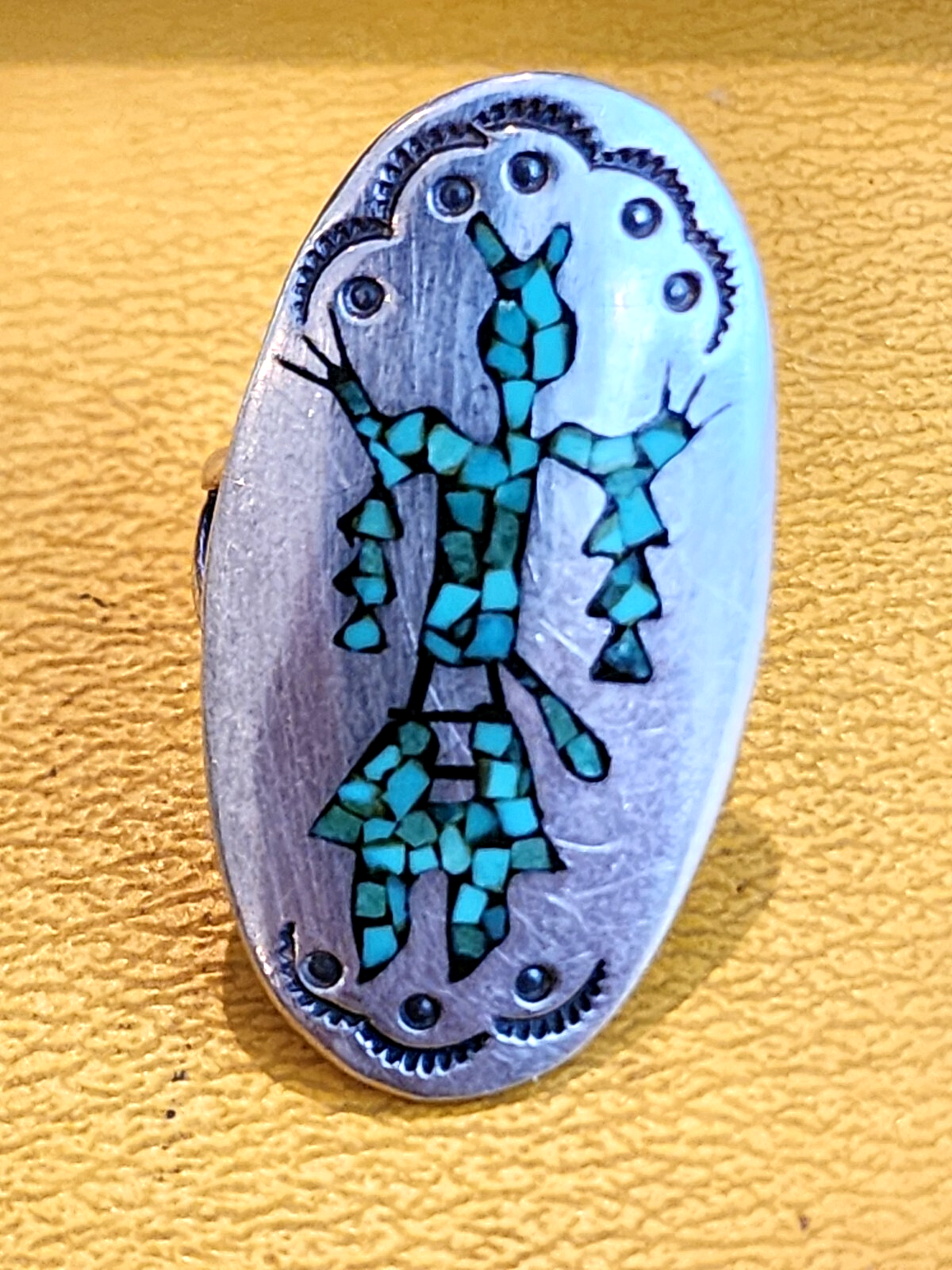Vintage Navajo Ring 925 Silver Inlaid Coral & Turquoise Size 8.5