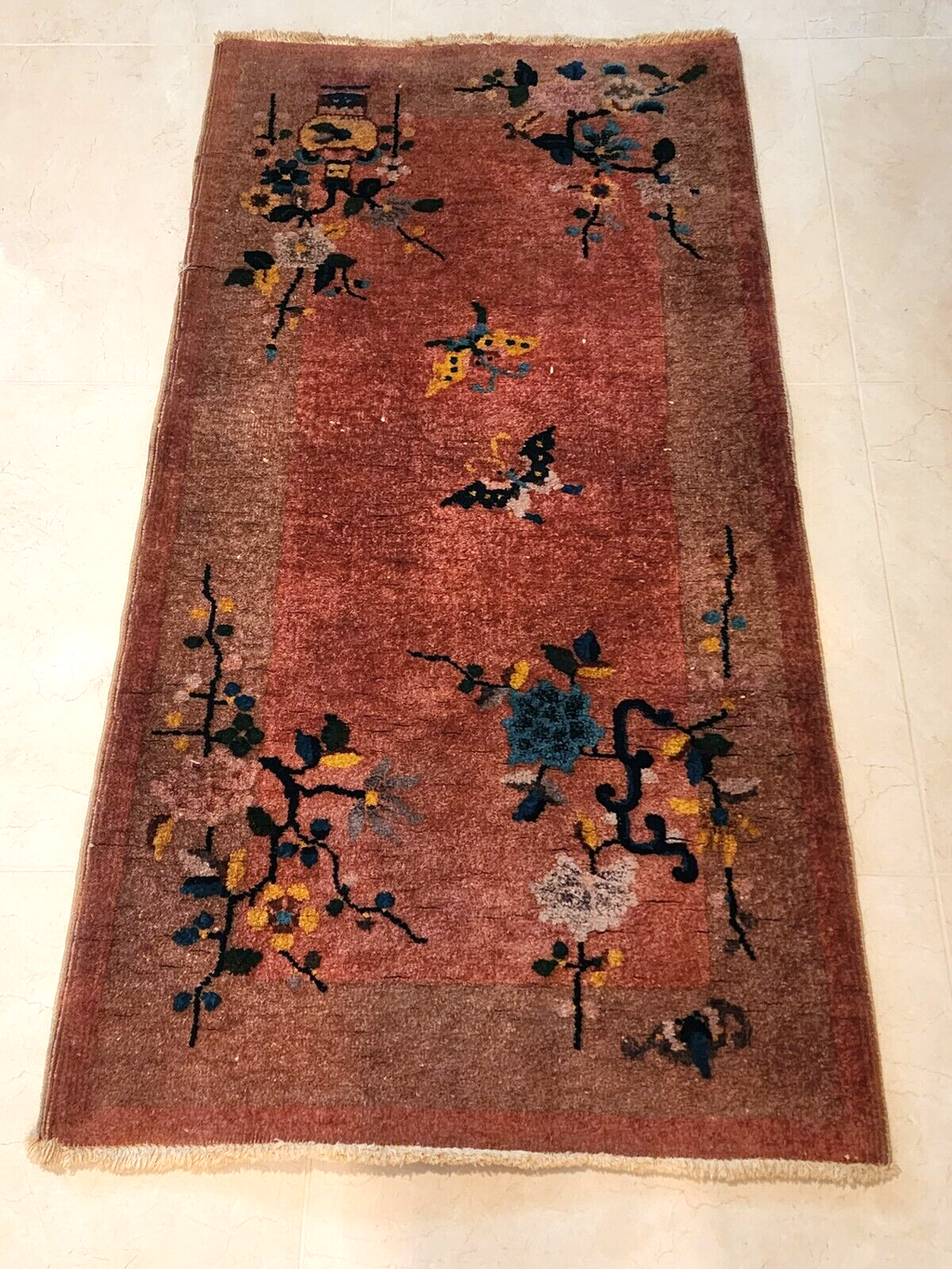 4x2 FT Old Handmade Chinese Small Wool Rug