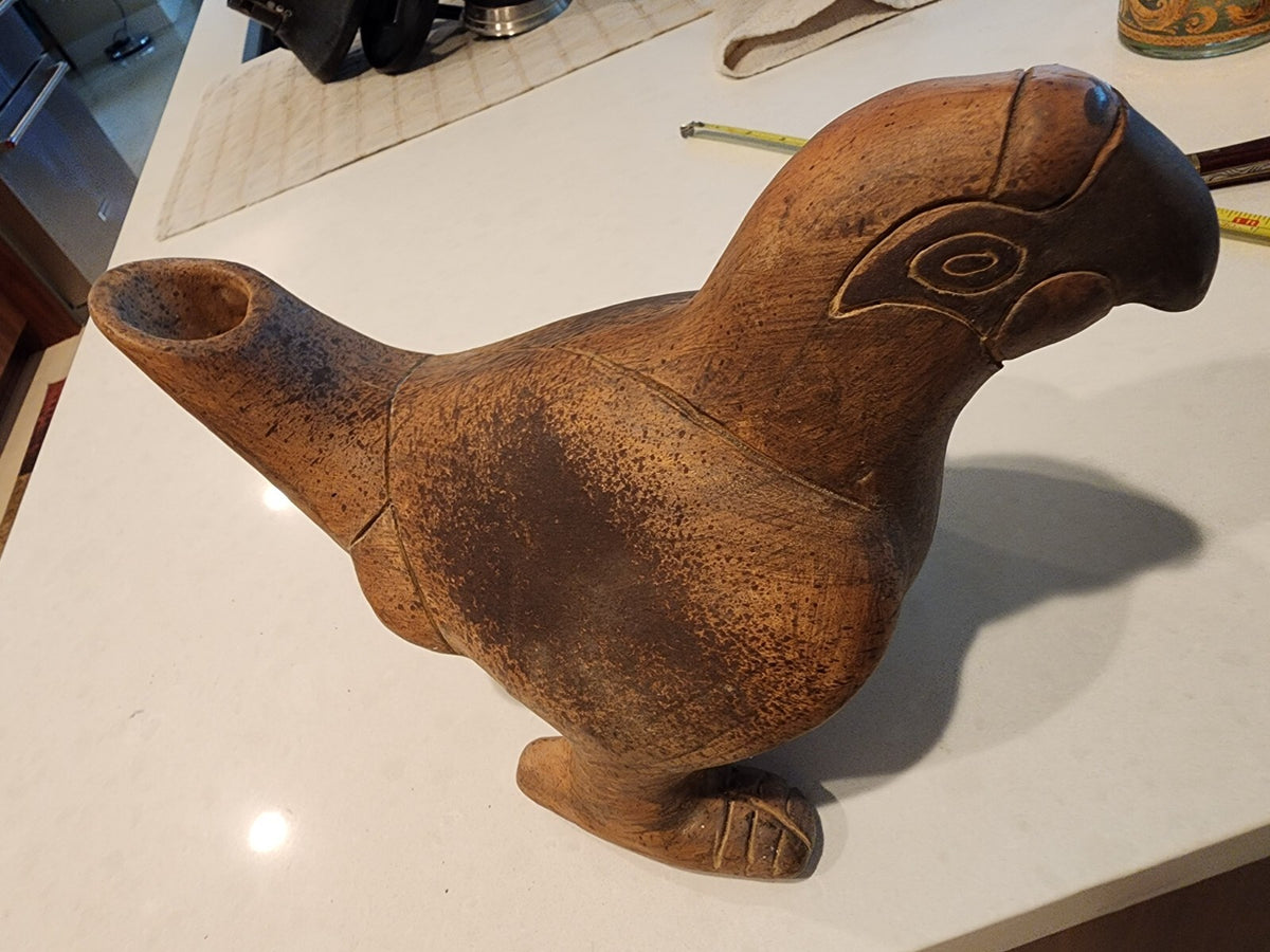 Vintage Terra Cotta Bird Art Pottery Vessel Vase Primitive Signed Mexico 1974