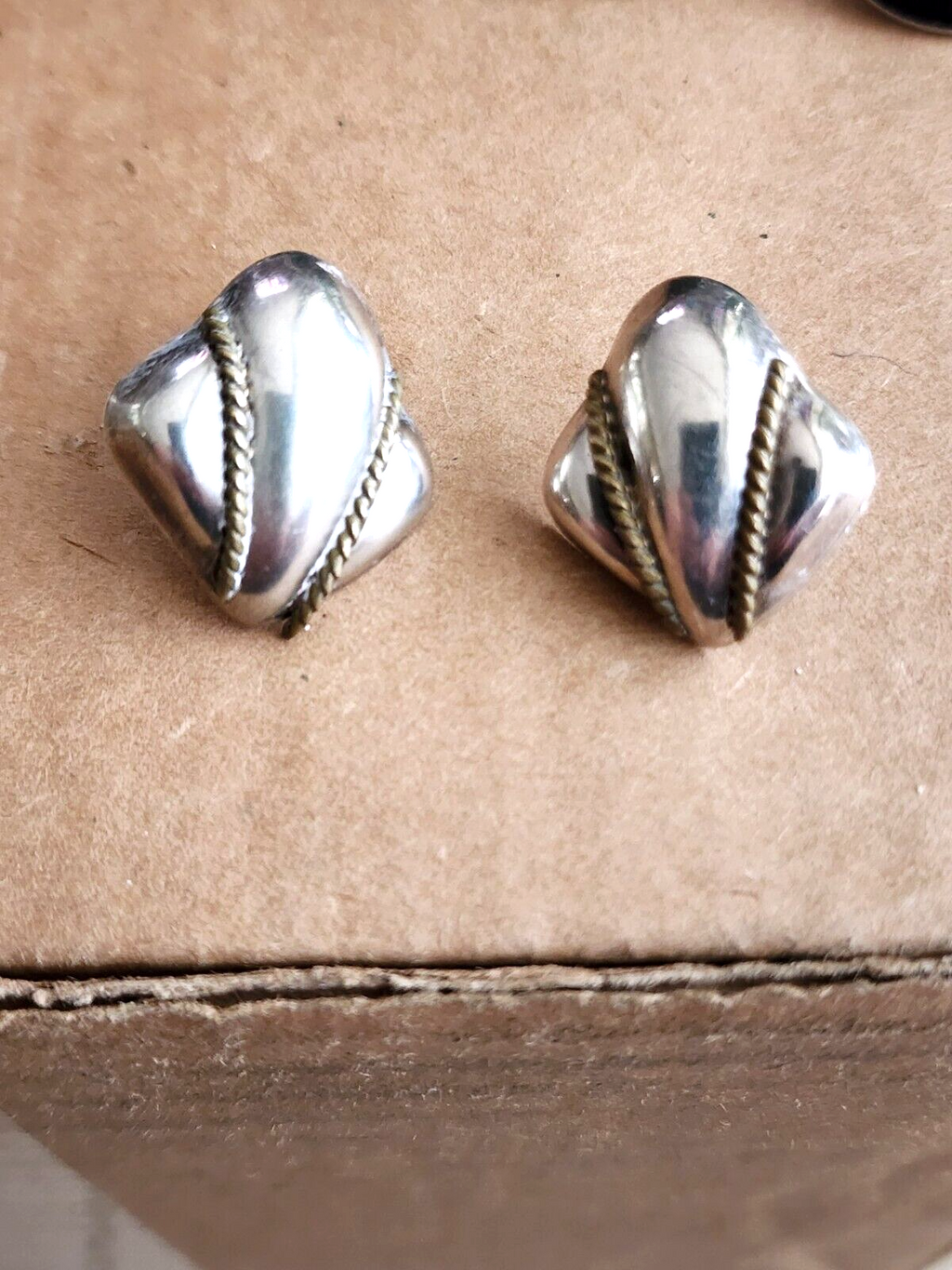 Vintage Large sSterling Silver & Brass Earrings Mexican, Mexico, Taxco