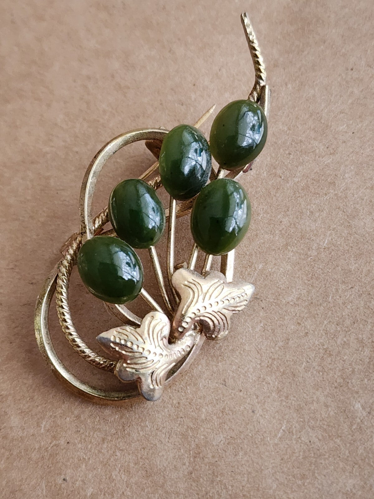Vtg 1966 Designer Swoboda Brooch Pin Jade Grade A Green Flower Gold Pl