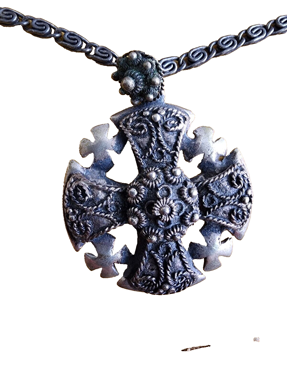 VIntage Sterling Silver Ornate Bethlehem Cross Pendant With Handmade Cross Chain