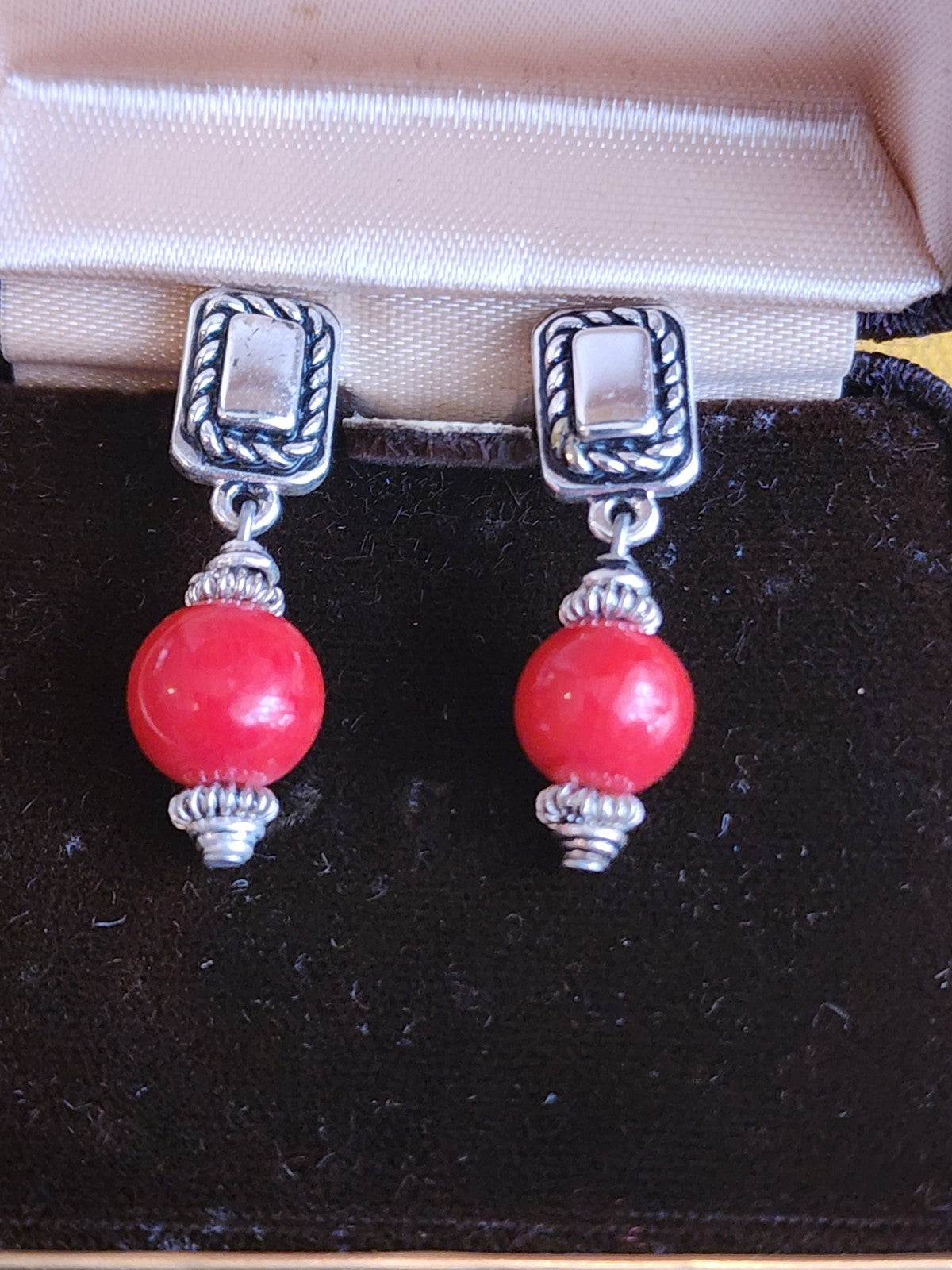 Carol Lee Faux Red Coral And Silver Earrings