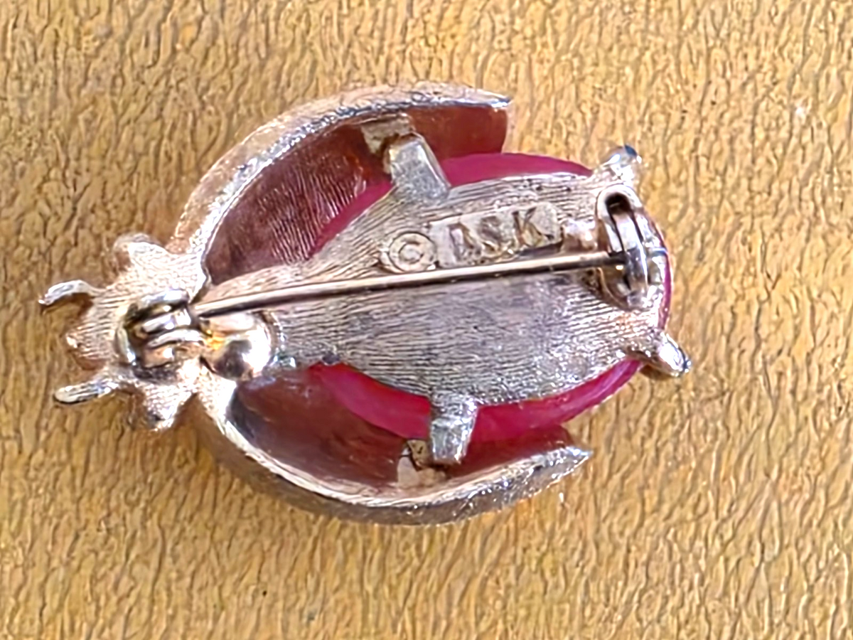 Vintage Signed BSK Faux Coral & Pearl Flying Insect Beetle Bug Pin Brooch