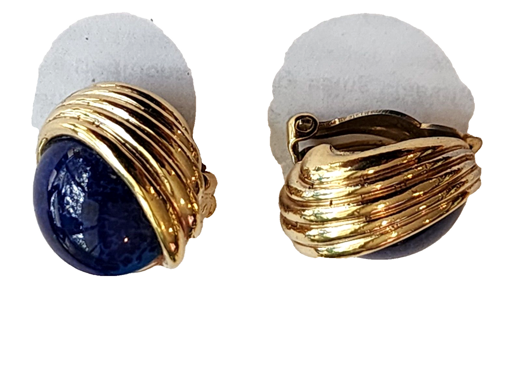 VINTAGE SIGNED PANETTA FAUX LAPIS LAZULI GLASS CABOCHONS MODERNIST EARRINGS