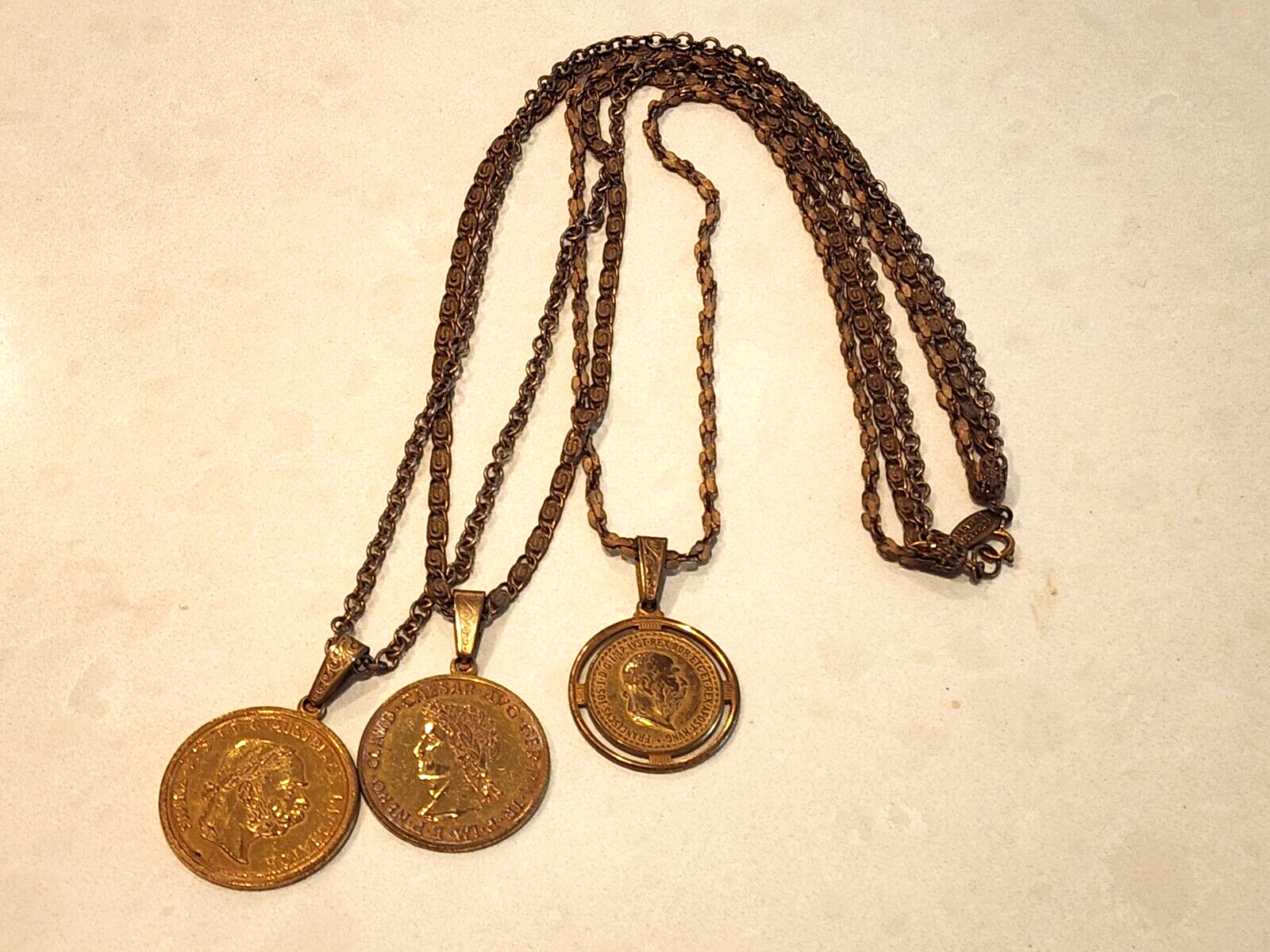 MIRIAM HASKELL European Double Sided Triple Coin Gold Tone Necklace SIGNED