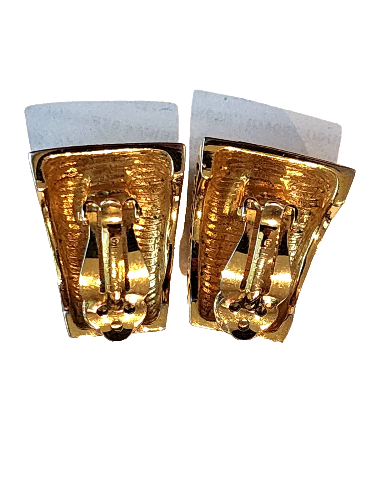 Vintage St John Half Hoop Logo Clip on Earrings Gold Tone Side Logo Signed