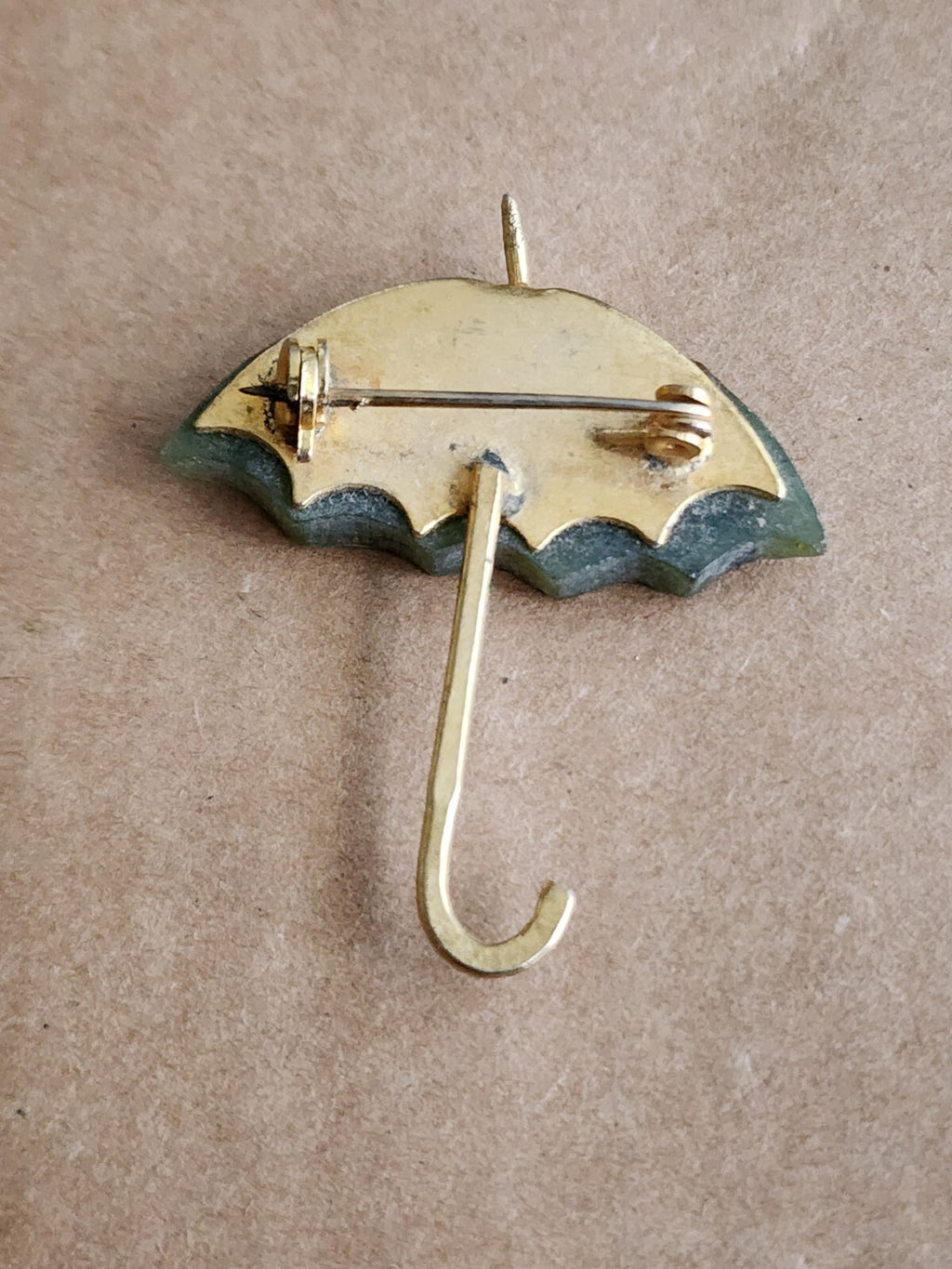 Vtg 1966 Designer Swoboda Brooch Pin Jade Grade A Green Carved Umbrella Gold Pl