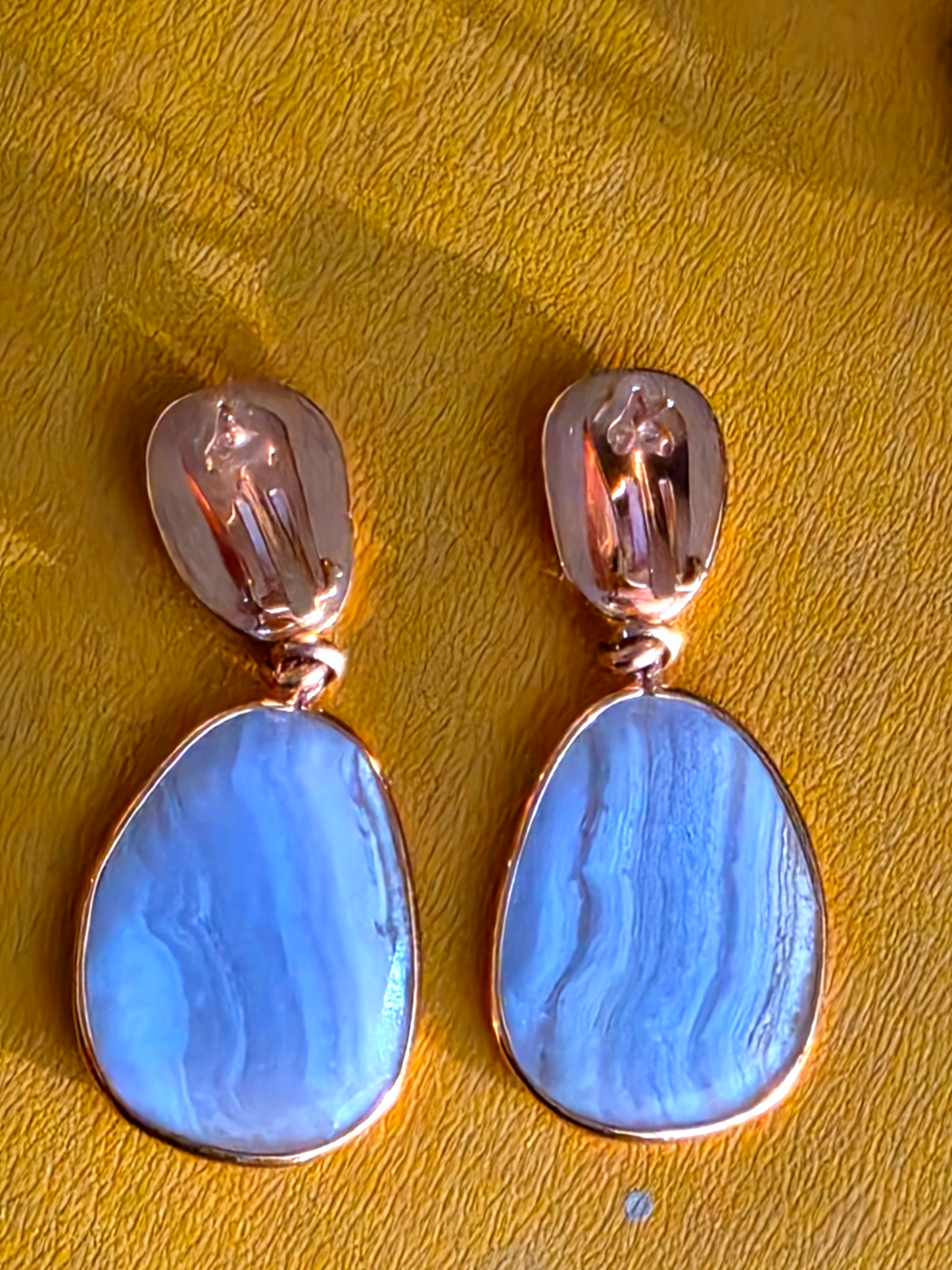Beautiful Blue Lace Agate Drop Earrings w/ Goldtone Trim  2 5/8" long