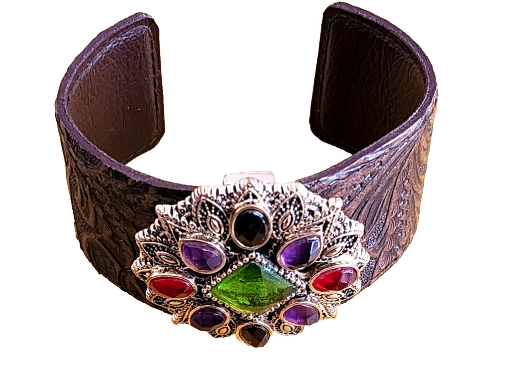 Gorgeous New Barse Cuff Bracelet, Genuine Stones & Genuine Leather