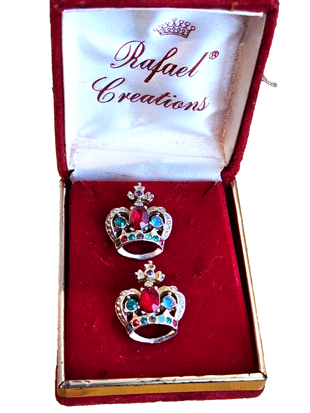 Vintage Pair Rafaelian Royal Crown Brooch Pins Jewelry Jelly Mint