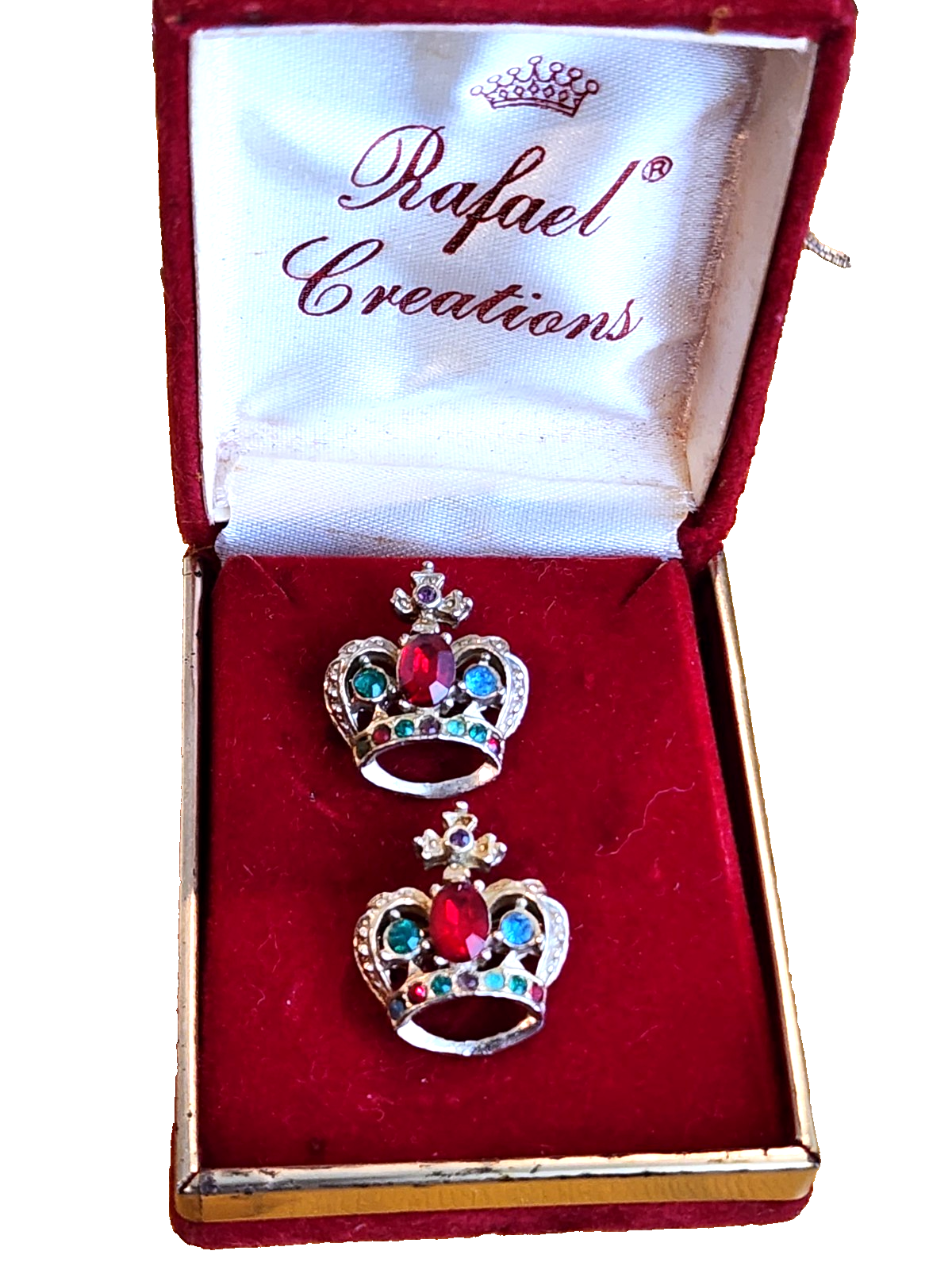 Vintage Pair Rafaelian Royal Crown Brooch Pins Jewelry Jelly Mint
