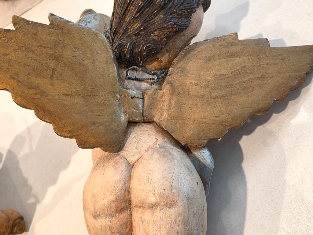 Antique Pair Wood Italian Cherub Putti Sculptures Playing Musical Instruments