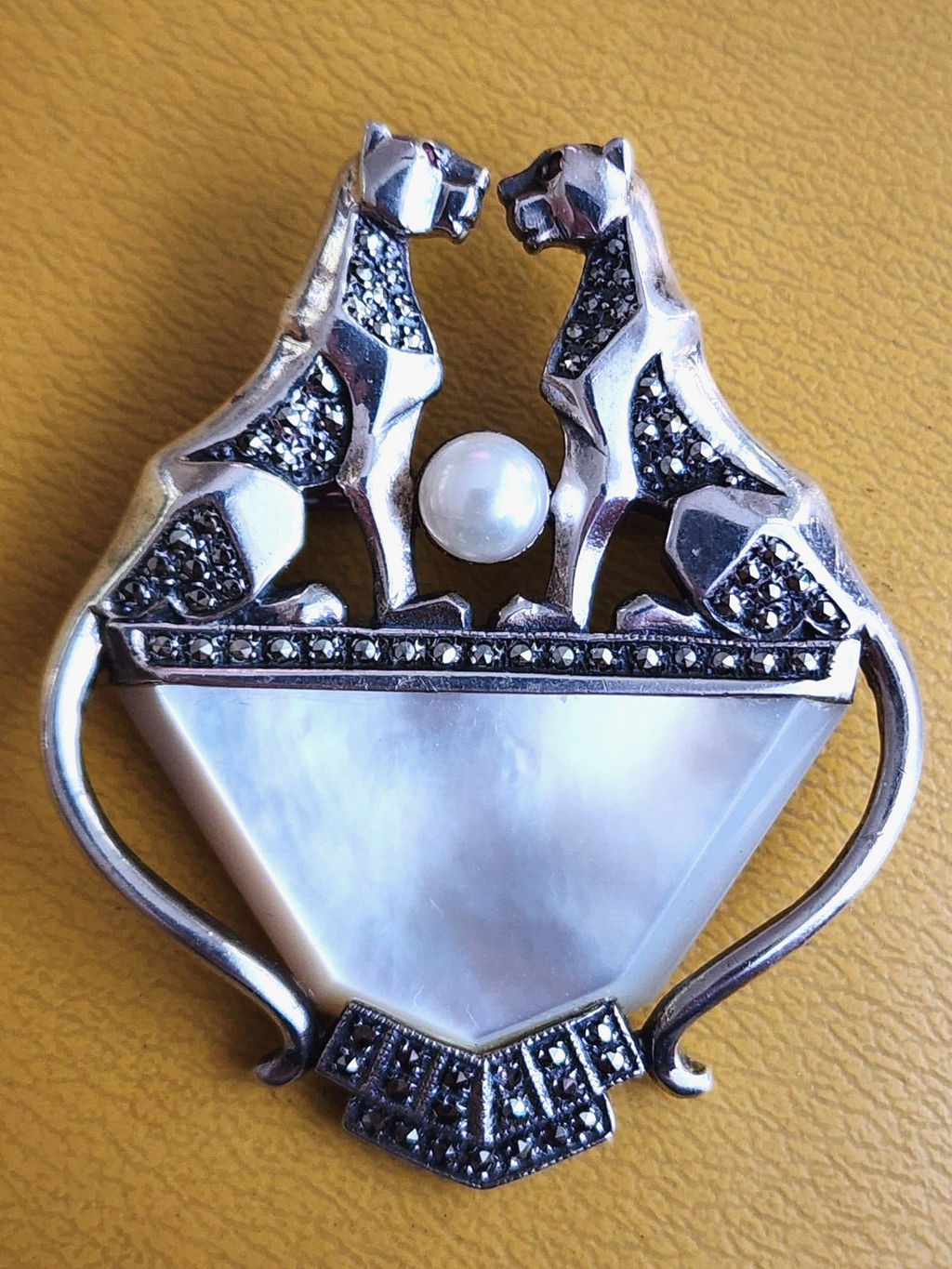 Art Deco Sterling Marcasite Panther & MOP Brooch