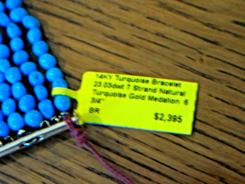 Beautiful 7 Strand Turquoise Bead 6 3/4" Bracelet with 14K Medallion