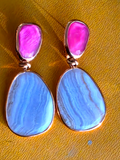 Beautiful Blue Lace Agate Drop Earrings w/ Goldtone Trim  2 5/8" long