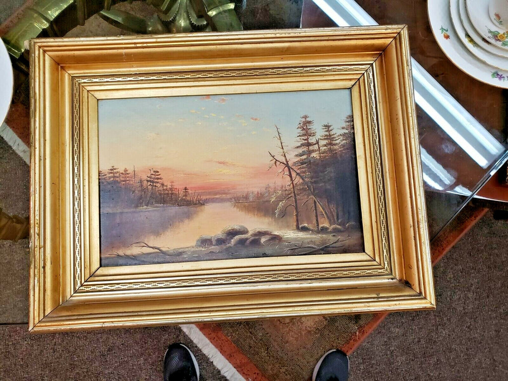 19th Century Sunset Scene O/C Art  16x10 1880s