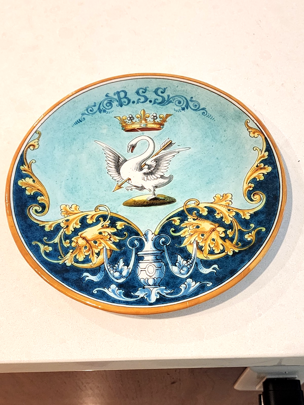 ANTIQUE FRENCH PLATE ULYSSE BLOIS FAIENCE SWAN EMILE BALON POTTERY