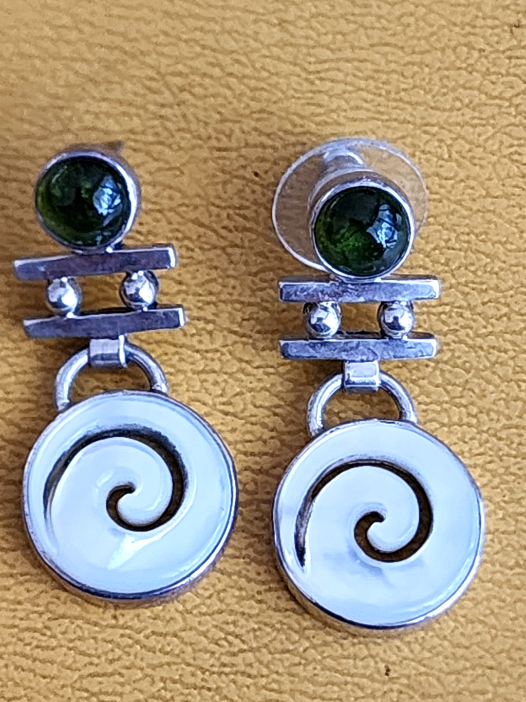 Silver Peridot Green Swirl Dangle Pushback Earrings