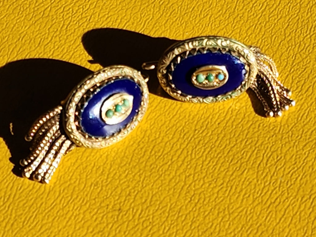 14k Yellow Gold Blue Enamel Tassel Earrings with Turquoise