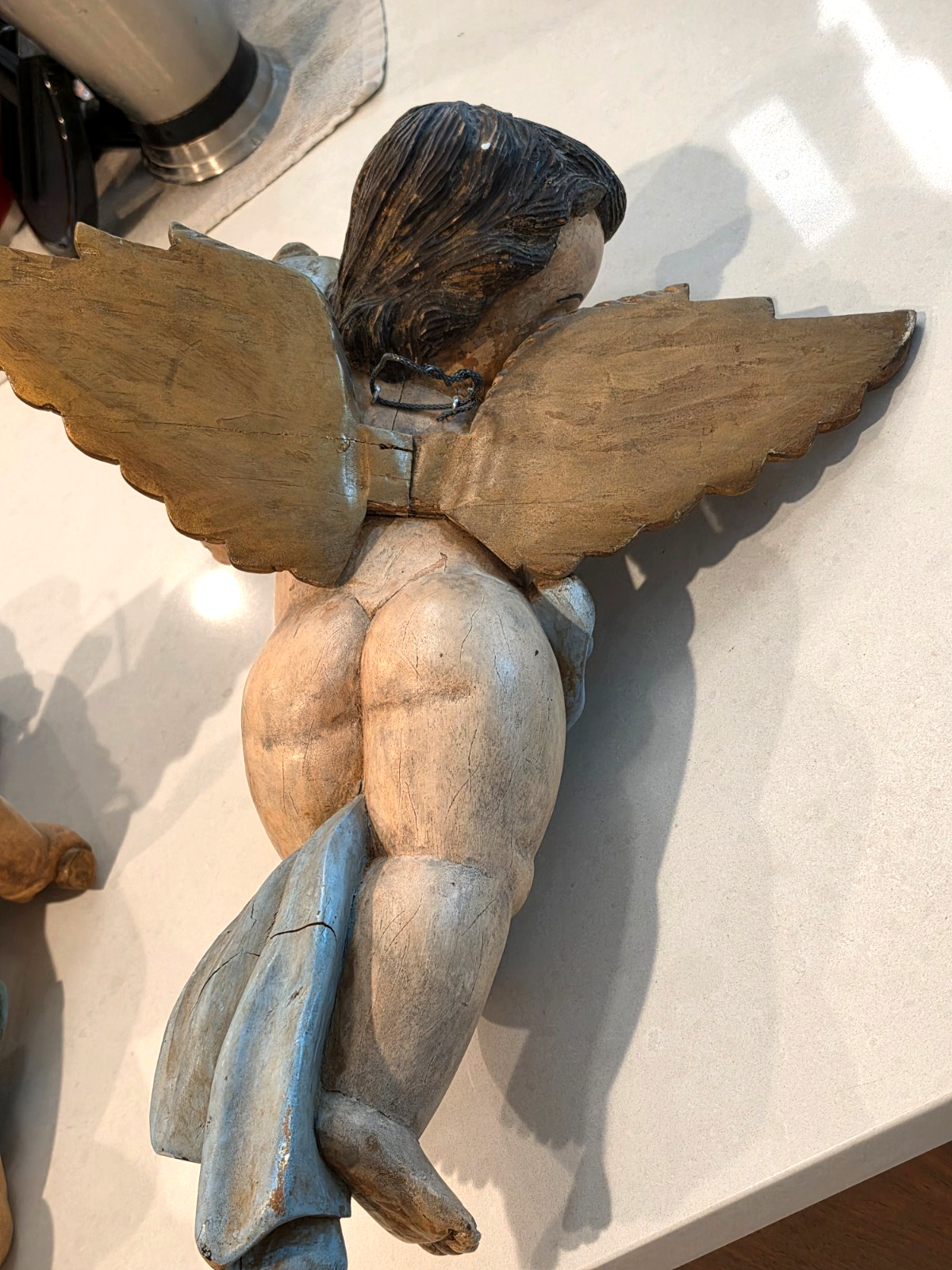 Antique Pair Wood Italian Cherub Putti Sculptures Playing Musical Instruments