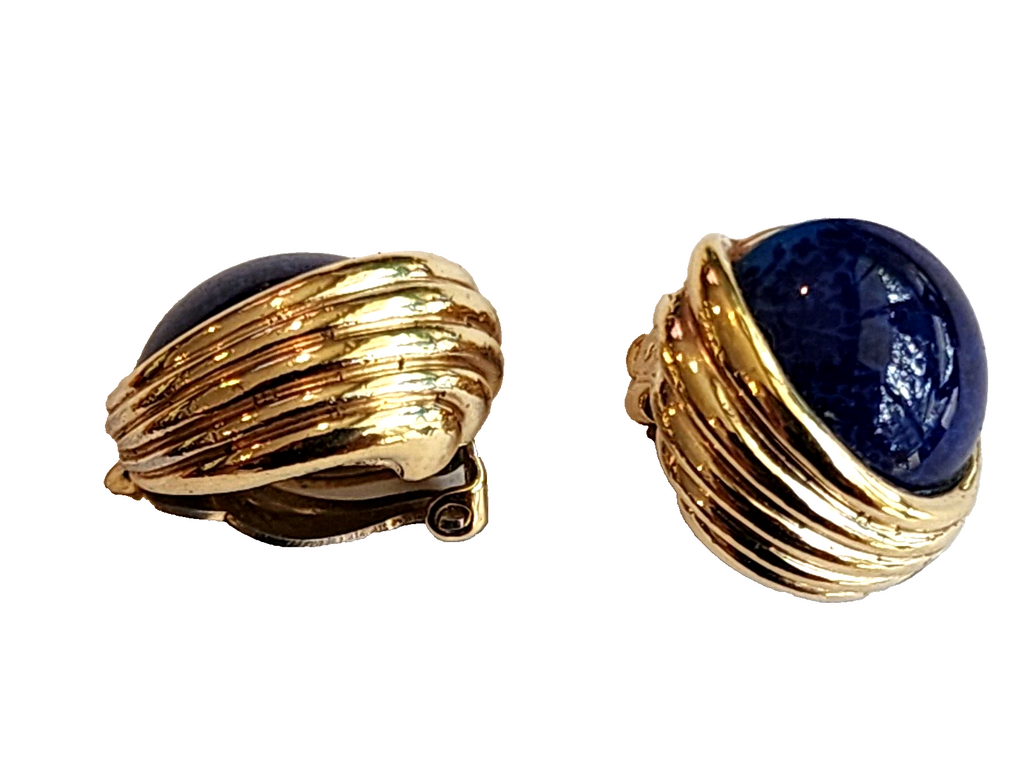 VINTAGE SIGNED PANETTA FAUX LAPIS LAZULI GLASS CABOCHONS MODERNIST EARRINGS