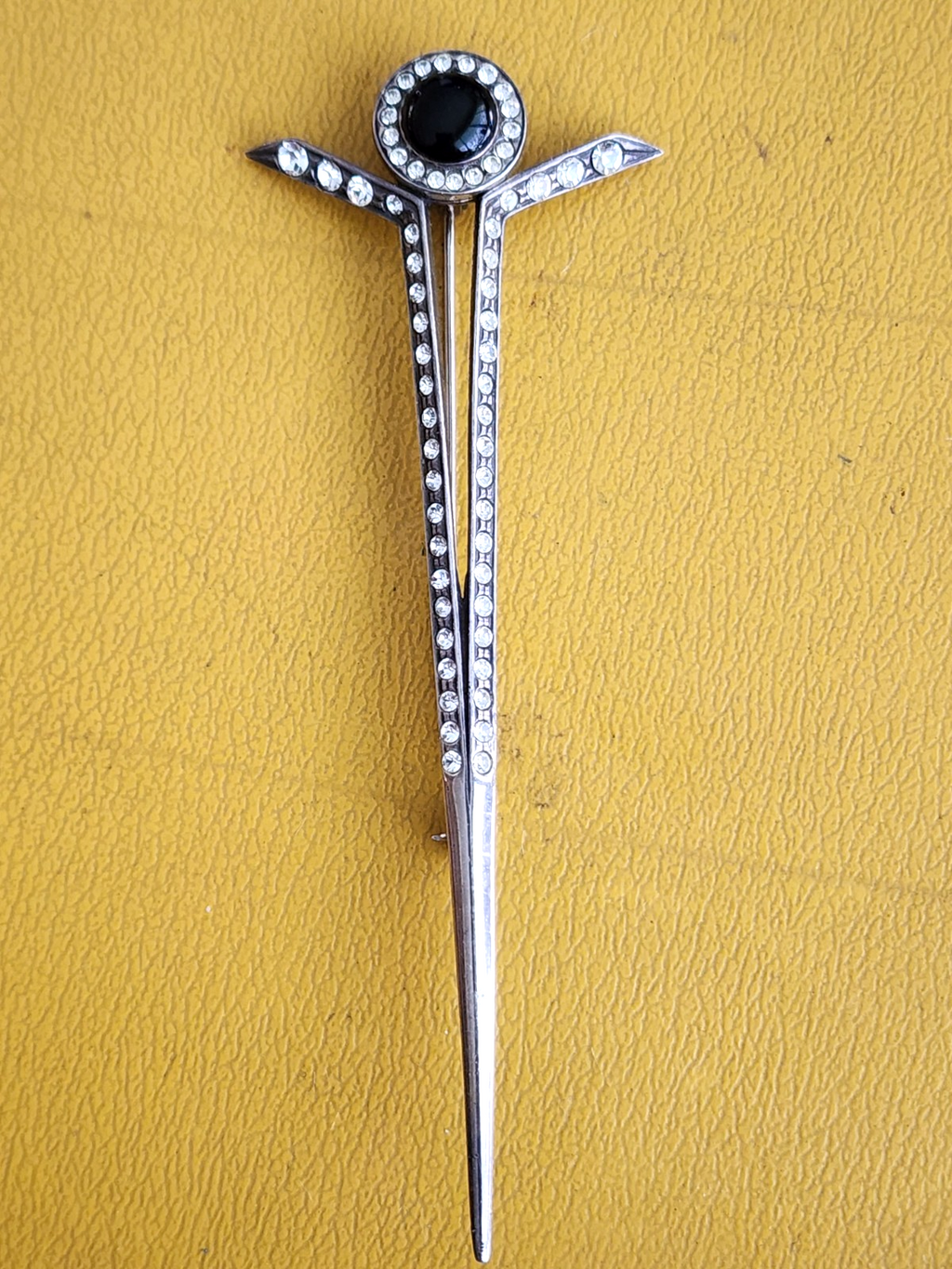 Designer Crafted Sterling Silver Rhinestone & Black Onyx 3-7/8" Long Pin Brooch