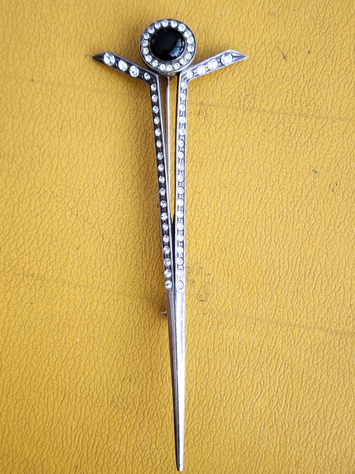 Designer Crafted Sterling Silver Rhinestone & Black Onyx 3-7/8" Long Pin Brooch