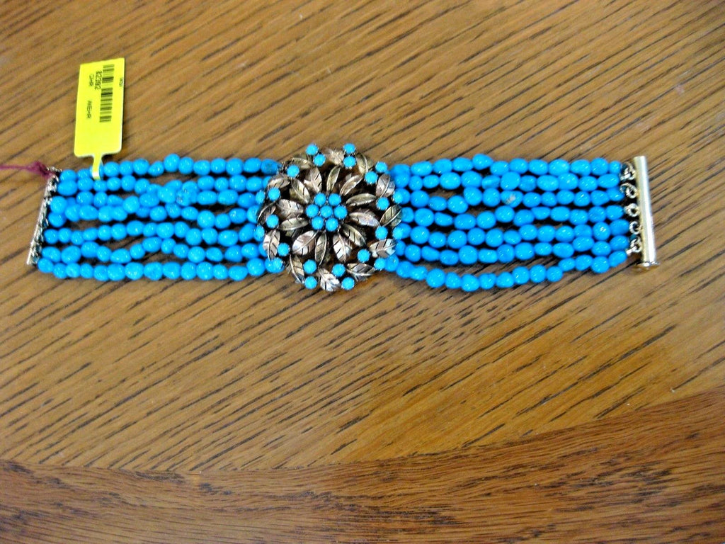 Beautiful 7 Strand Turquoise Bead 6 3/4" Bracelet with 14K Medallion